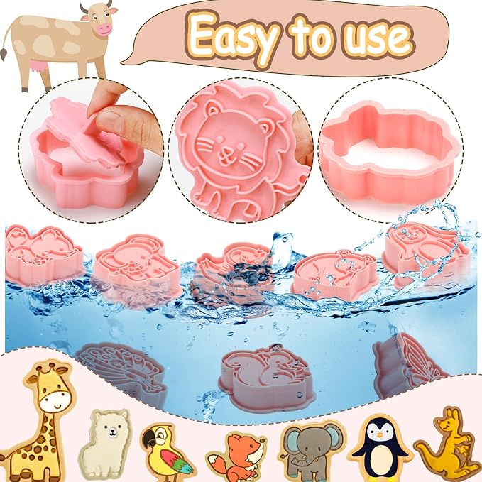 Roshtia 24 Pcs Animal Cookie Cutters with Plunger Stamps Set Plastic 3D Animals Lion Cookie Cutters Stamps for Kids Baking Supplies