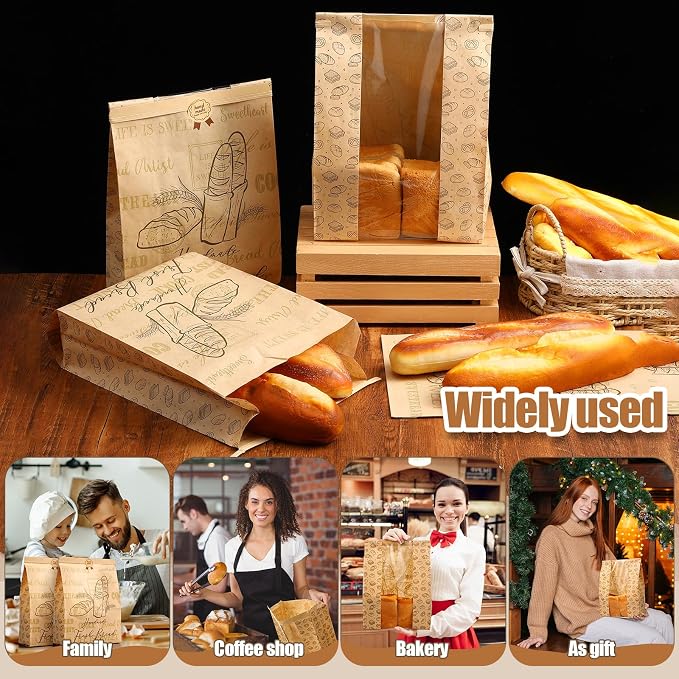 Feifeiya 150 Pack Kraft Paper Bread Bags for Homemade Sourdough Bread Bag with Clear Window 13.7 x 8.2 x 3.5 Large Bakery Packaging for Treat Storage Gift Giving with Seal Sticker