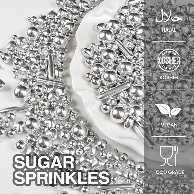 Silver Pearl Heart Sprinkles for Cake Decorating, 150g/5.29oz Mix Size Sugar, Heart Cake Decoration, Metallic Sprinkles, Love Sprinkles, Cupcakes, Baking, Wedding Party Supplies