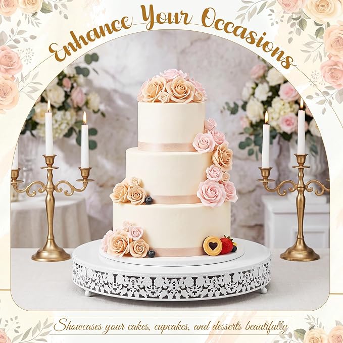 Wenqik 16 Inch White Cake Stand Set Metal Round Cupcake Dessert Stand with Cake Cutting, Flower Spatula Wedding Cupcake Pastry Display Candy Holder Display for Wedding Party Birthday Baby Shower