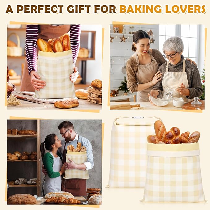 2 Pcs XL Beeswax Bread Bags for Sourdough Reusable 13” x 17” Large Bread Bags with Improved Beeswax Coating Food Wraps for Mother's Day Homemade Loaf Fresh Freezer(Yellow White Checkered)