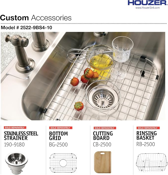 Houzer Glowtone Stainless Steel Kitchen Sink: 25 Inch Drop-in Topmount 4-Hole Single Bowl with Strainer, Durable & Versatile, Essential for Home & Apartment: 2522-9BS4-1