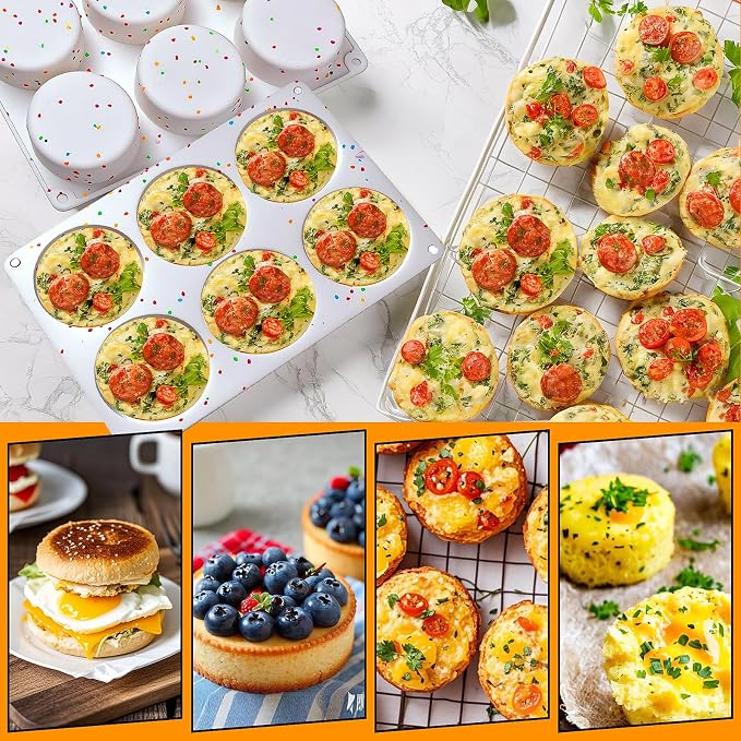 Silicone Egg Bite Molds, 2 Pack Silicone Egg Molds Frittata Pan, Deep 3 Inch Dash Egg Cups Sous Vide Egg Mold Round Rolls Molds for Egg Breakfast Sandwiches Omelets Dinner Rolls Baking - White