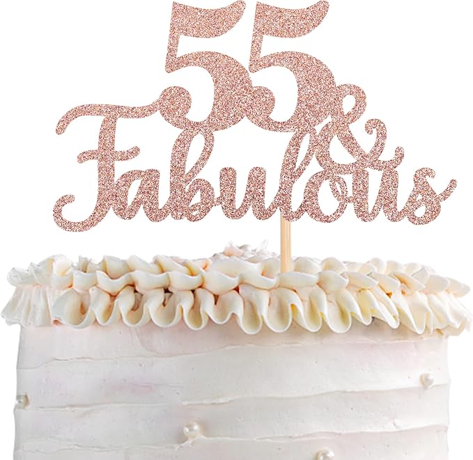 1 PCS 55 & Fabulous Cake Topper Glitter Fifty Five and Fabulous Cake Toppers Happy 55th Birthday Cake Pick for 55th Wedding Anniversary Birthday Party Cake Decorations Supplies Rose Gold