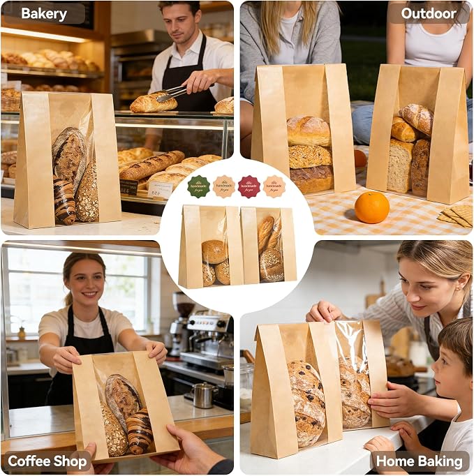 50 Pcs Bread Bags for Homemade Bread, Paper Sourdough Bags with window, Large Bakery Loaf Bag with Stickers for Cookies, Popcorns, Hamburgers 14.2"x8.3"x3.6"