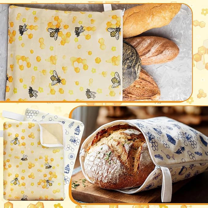 Hahafelt 2 Pack Beeswax Bread Bags with Zipper Seal for Sourdough and Homemade Bread XL Reusable Organic Linen Cotton Beeswax Loaves Food Storage Bag to Keep Fresh(Bee)