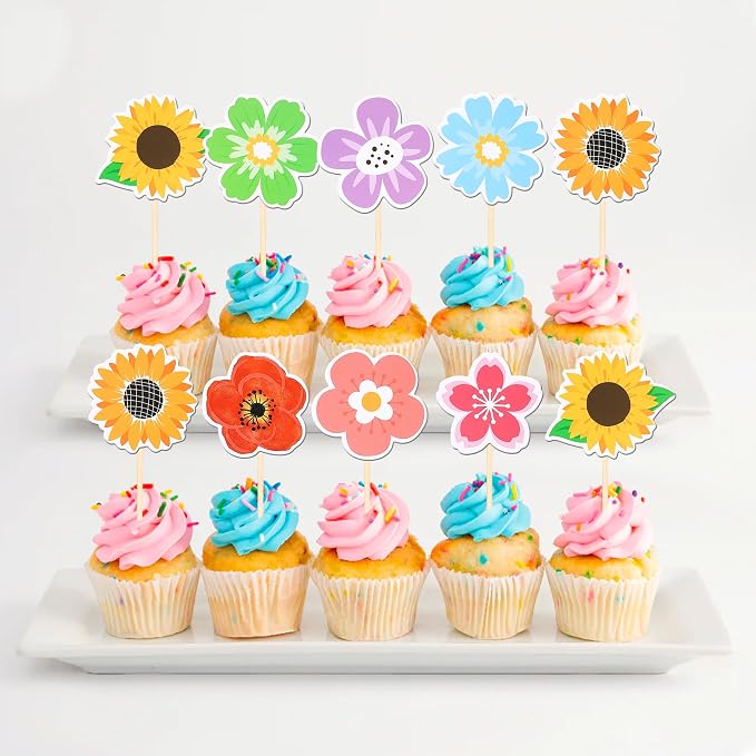 40 PCS Summer Flowers Cupcake Toppers Double Sided Colorful Sunflower Cupcake Picks Daisy Flower Cake Decorations for Summer Haiwaii Theme Baby Shower Wedding Birthday Party Supplies