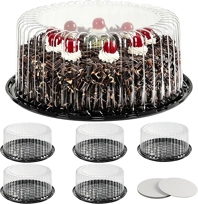 6-Pack Cake Carrier Holder Container for 10 Inch Round Cakes - Plastic Disposable Cake Containers, Take Out Storage w/Clear Dome Lids, Black Base Serving Trays, White Cake Boards, 12 x 5 Inches