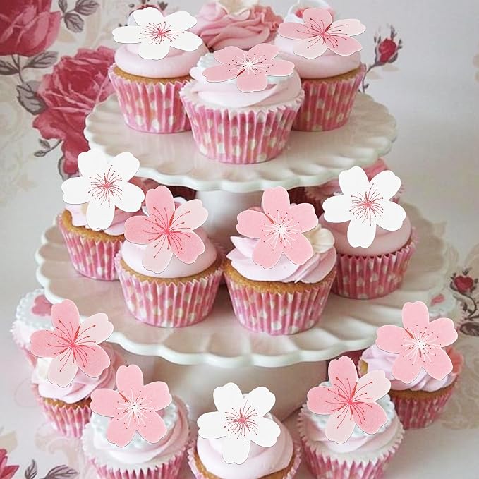 60 PCS Edible Flowers Cake Decorations Pink Edible Cherry Blossoms Flowers Cupcake Toppers Wafer Paper Flowers Cupcake Picks for Baby Shower Kids Birthday Party Food Decorations Supplies
