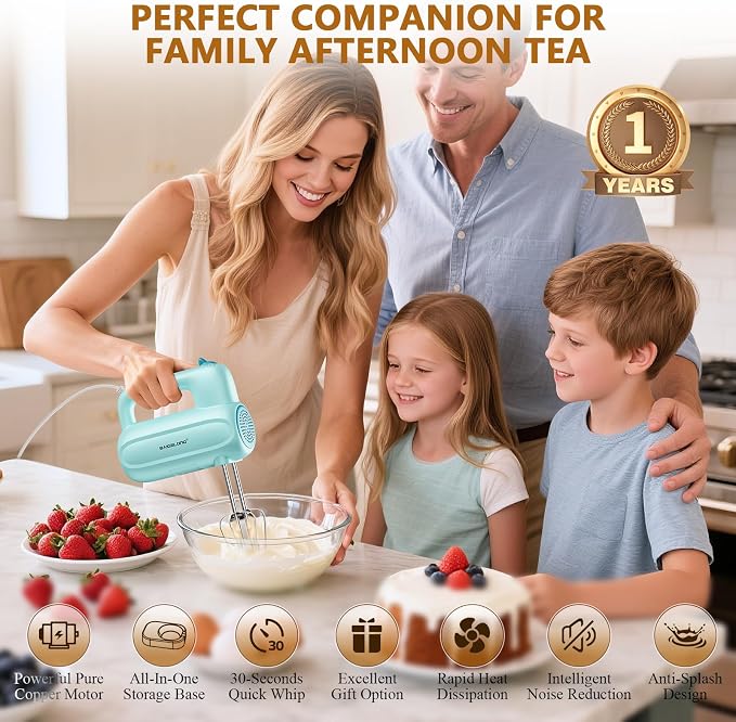 BAIGELONG Hand Electric Mixer, 5-Speed KitchenMixer with 5 * 304 Stainless Steel Attachments + Storage Base, Food Handheld Mixer for Baking, Whipping Cream, Cake Mixing, Blue