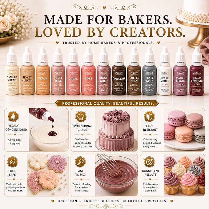 Confect Skin & Nude Gel Food Coloring Set – 12 Highly Pigmented Colors for Buttercream, Cakes, Cookies, Macarons & Baking – 10mL Bottles