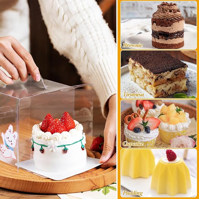 CYEAH 30Pcs Clear Cake Box, 6 x 6 x 5 Inch Bento Cake Box with Handle, Clear Gift Boxes with Ribbons & Stickers for Cake, Bakery Boxes Packaging Carriers for Cookie Candy Wedding Party