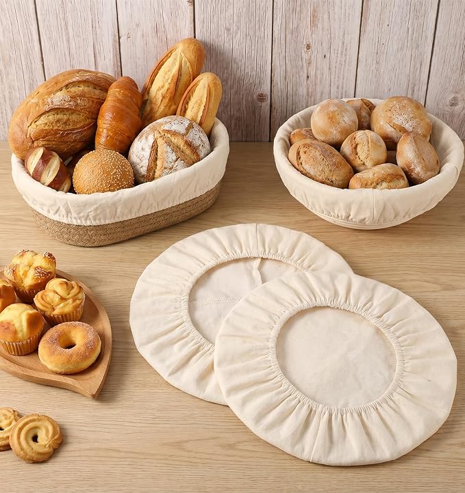 4 Pcs Banneton Liners, Banneton Basket Liner – 2 Round & 2 Oval Sourdough Proofing Covers, 10 Inch Cotton Linen Natural Rattan Proofing Cloth for Bakery, Home Baking