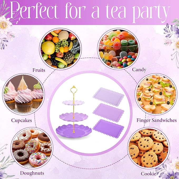 FoldTier 6 Pack Cupcake Stand Set 3 Pcs 3 Tier Gradient Dessert Table Display Stands Cookie Tray Rack 3 X14 in Rectangle Party Trays for Wedding Birthday Tea Party Baby Shower(Purple,Round)