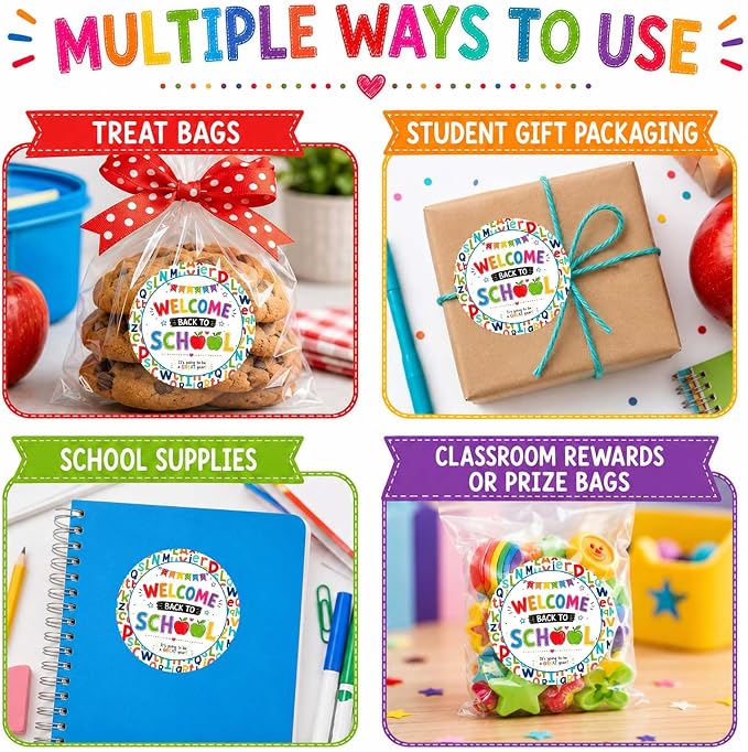 Back to School Stickers 60pcs, Welcome Back to School Round Sticker Labels for Teacher Gifts to Students, Classroom Rewards, First Day Treat Bags, Candy Bags, School Party Favors