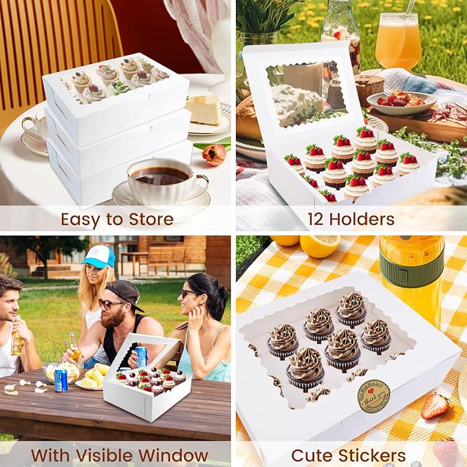 12PCS Cupcake Boxes 12 Count Cupcake Container with Window White Cupcake Holder Holding 144 Cupcakes for Birthday Holiday Party Bakery Supplies