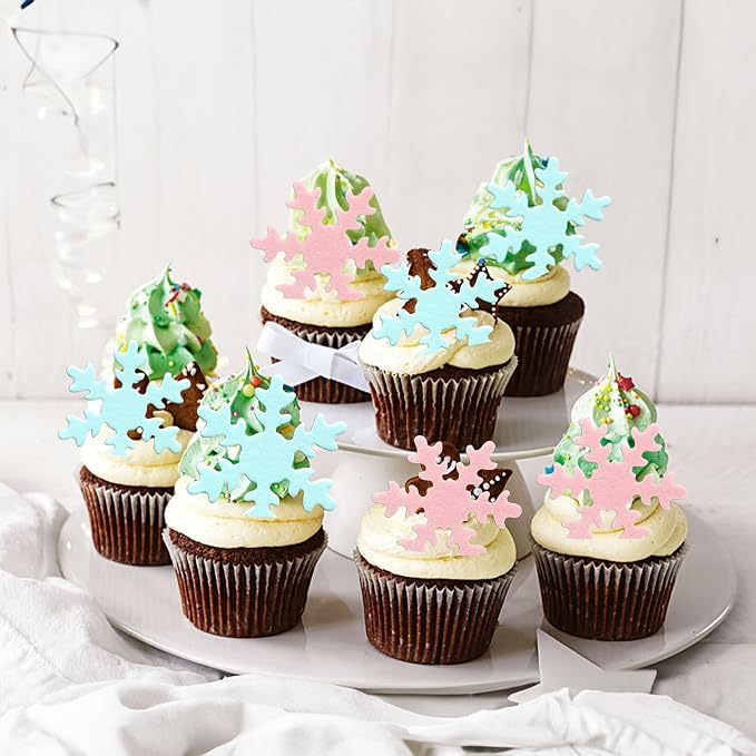 Gyufise 50Pcs Pink Edible Cupcake Cake Toppers Snowflake Cake Decorations for Christmas Winter Frozen Theme Party Supply Decoration Blue Pink