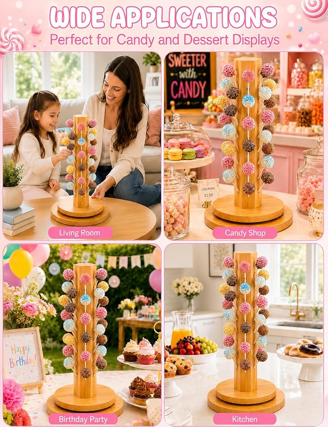 Wood Cake Pop Stand 36 Holes with Spinning Base,Cake Pop Holder Stand for Dessert Table,Lollipop Holder Candy Table Display with Treat Bags,Lollipop Sticks & Gold Twist Ties, Dessert Stand for Wedding Birthday Baby Shower Parties Anniversaries (kit)
