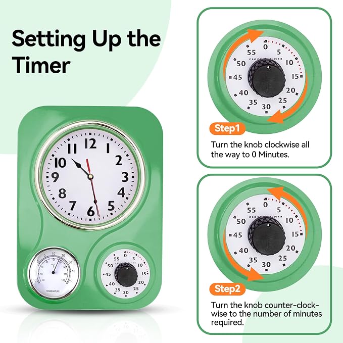 Lily's Home -9 Inch x 12.5 Inch - Retro Kitchen Wall Clock, Vintage Wall Clock with a Thermometer and 60-Minute Timer, Ideal for Any Kitchen, Office, or Diner (Retro Green)