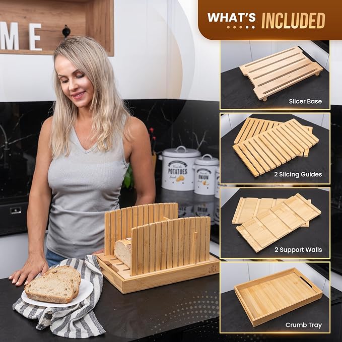 Bread Slicer for Homemade and Sourdough Bread - Hard Maple Wood and Bamboo, Adjustable Slicing Guide for Even Slices with Crumb Tray for Easy Cleanup
