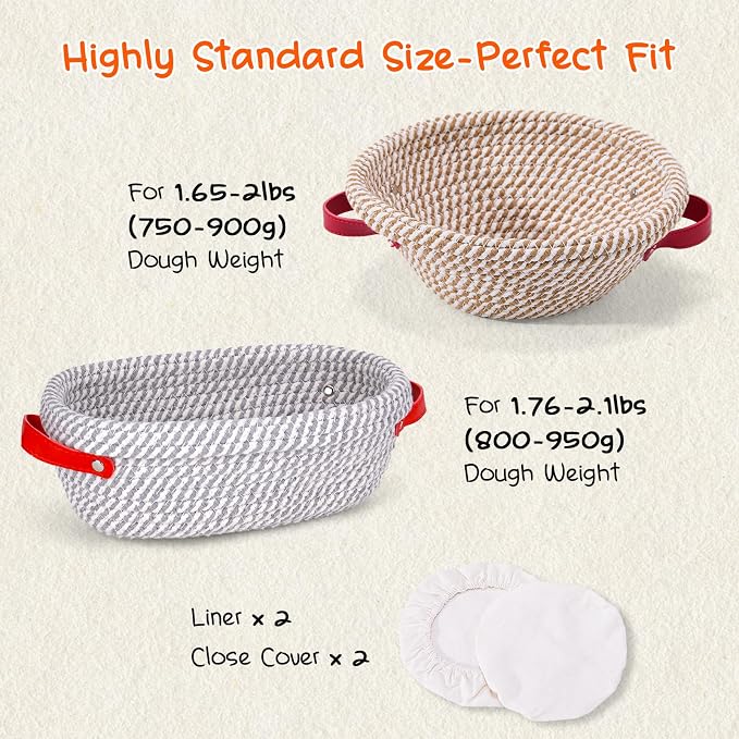 Sourdough Starter Kit, 24oz Starter Jar, 2 Cotton Rope Banneton Bread Proofing Basket Set, 9'' Round & 10'' Oval Baskets with Liners & Covers, Complete Sourdough Bread Baking Set (42PCS)