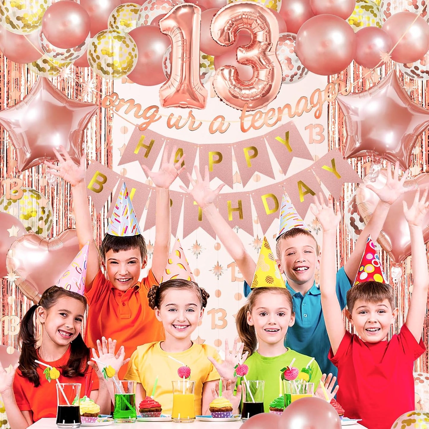 ZERODECO Rose Gold Birthday Party Decorations 13th, Happy Birthday Banner Fringe Curtain 13 Garland Heart Star Foil Confetti Balloons for Women Girls Queen Princess Party
