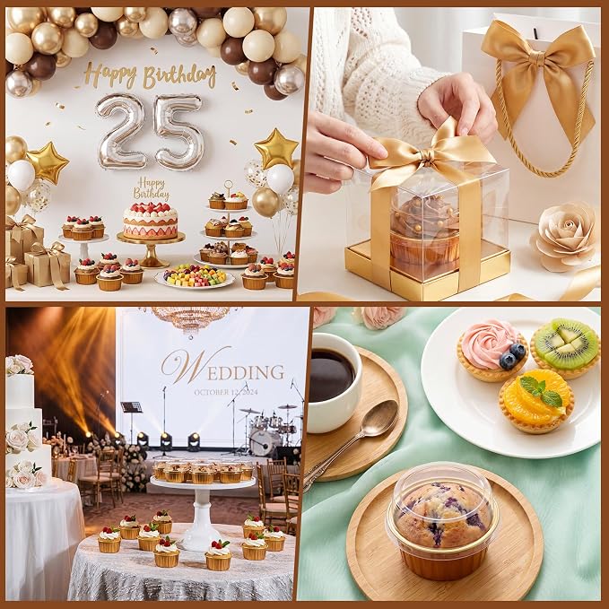200 Pack Aluminum Foil Cupcake Liners with Lids, 5 oz Round Baking Cup, Disposable Ramekin Container for Graduation Wedding Independence Day Party(Bronze Gold,Plain)