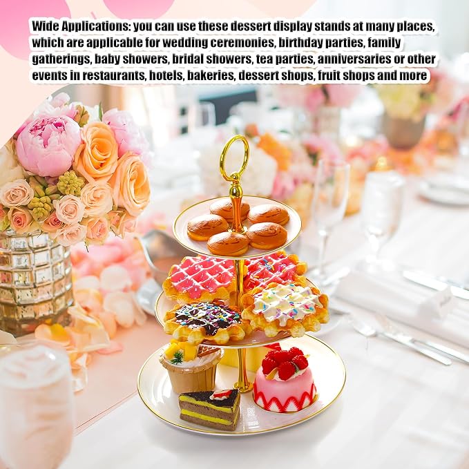 Teenyyou 8 Pack 3 Tier Cupcake Stand Bulk Tiered Dessert Stand Thick Plastic Serving Tray with Gold Edges Dessert Table Display Set Tea Cake Holder for Wedding Birthday Party(White,Round)