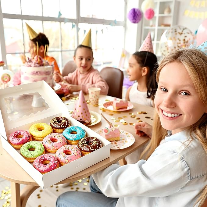 Kucoele Pie Boxes, 12 x 12 x 2.5 Inches, 20 PCS, White | Auto-Popup, with Window, Bakery Boxes, Cookie Boxes, Treat Boxes, For Chocolate Strawberries, Pastries, Muffins, Donuts