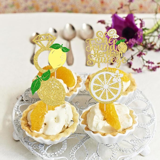Rsstarxi 24 Pack She Found Her Main Squeeze Cupcake Toppers Diamond Ring Glitter Lemon Cupcake Picks for Bridal Shower Wedding Engagement Bachelorette Party Cake Decorations