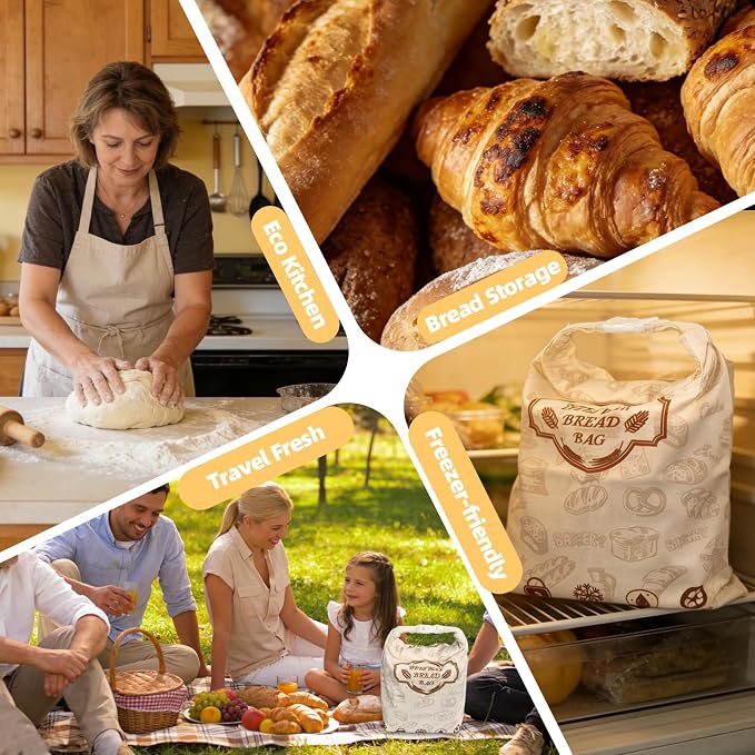 2 Pack Beeswax Bread Bags for Sourdough Homemade Bread, Organic Linen Reusable Natural Bread Storage Bag, Keep Fresh Moisture, Freezer-Friendly, Large Capacity Food Storage Cloth Bag