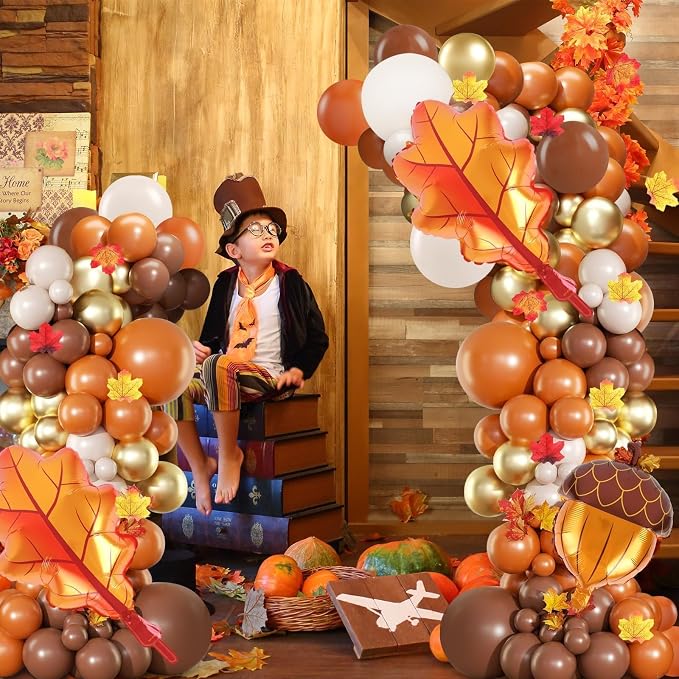 2 Set Fall Balloon Arch Kit Adjustable Fall Column Stand Thanksgiving Balloon Towers with Pinecone Maple Leaves Balloons for Thanksgiving Autumn Harvest Baby Shower Birthday Party Decoration
