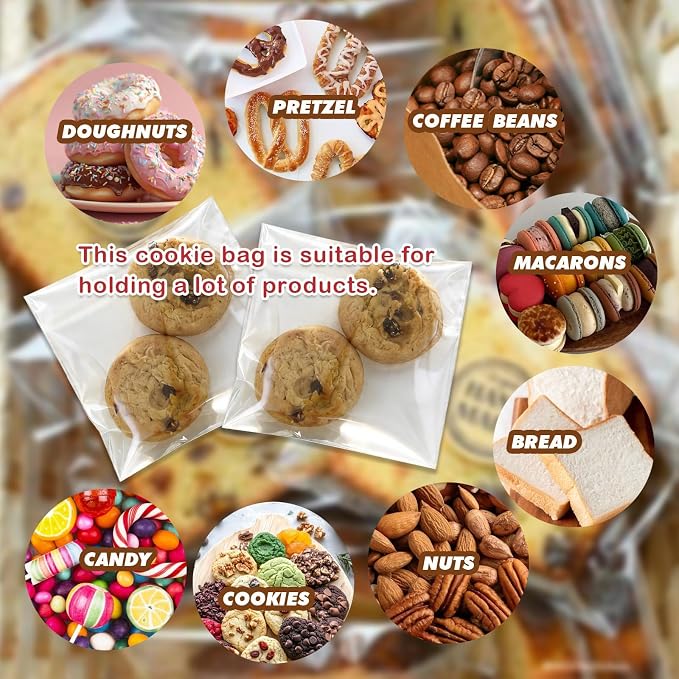 200Pcs 4 * 4in Clear Cookie Bags, Self Sealing Cellophane Bags Resealable Self Adhesive Treat Bags for Cookie Packaging, OPP Individual Gift Giving Bags for Party Favors, Homemade Baking