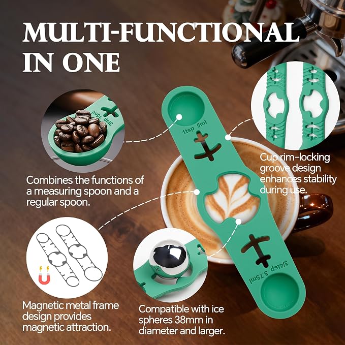 Silicone Magnetic Measuring Spoons, 2 Pack Coffee Measuring Spoons(4-size) - Equipped with strong N50 magnets – securely attach to any metal surface, Suitable for dry and liquid ingredients(Green)