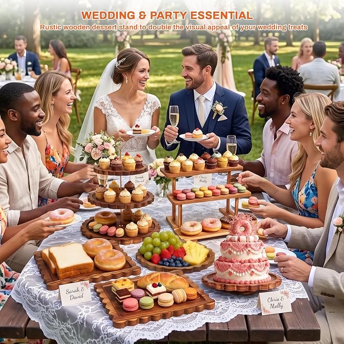 Set of 6 Wooden Dessert Table Display Set, Tiered Cupcake Stand & Serving Trays, 3-Tier Cupcake Tower, Round/Flat Platter, Cake Stand, Rotating Tray for Wedding, Party, Birthday