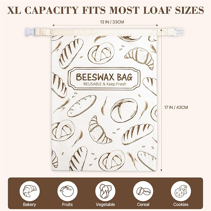 Beeswax Bread Bag, Reusable Bread Bags for Homemade Bread, 2 Pack Beeswax Bread Bags for Sourdough, Natural Cotton Sourdough Bread Bag, Large Capacity