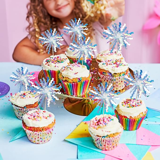Gyufise 30Pcs Foil Firework Cupcake Toppers Happy Birthday Cake Toppers Tinsel Flower Drink Stirrers Cocktail Food Fruit Toothpicks for Valentine's Day Party Birthday Wedding Supplies Laser Silver