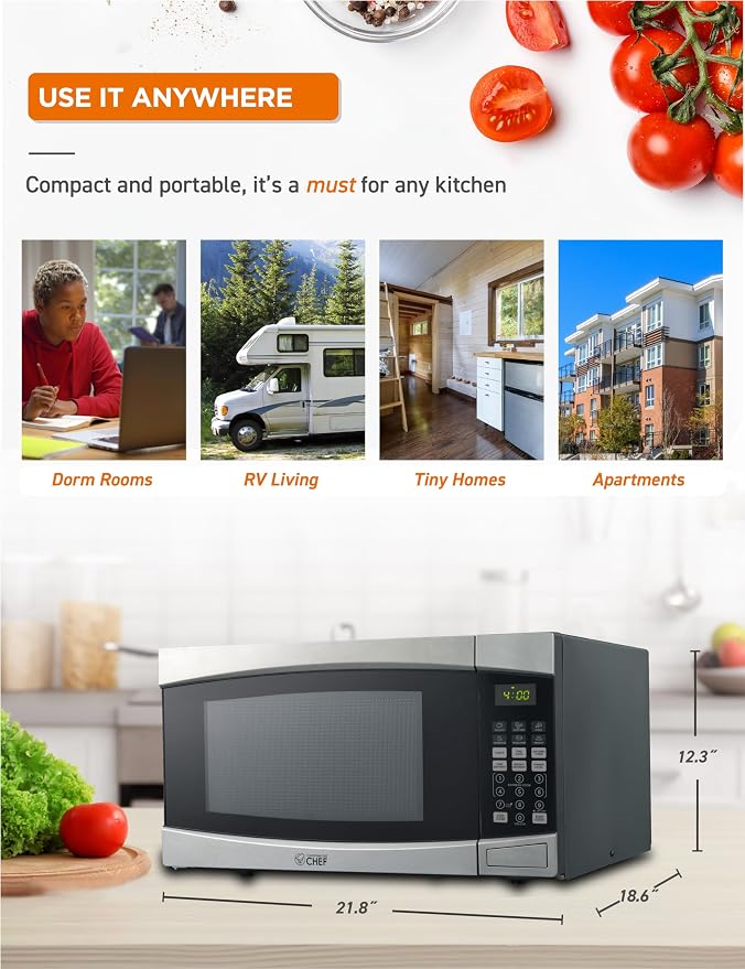 COMMERCIAL CHEF 1.6 Cubic Foot Microwave with 10 Power Levels, Small Microwave with Push Button, 1000 Watt Microwave with Digital Control Panels, Countertop Microwave with Timer, Stainless Steel