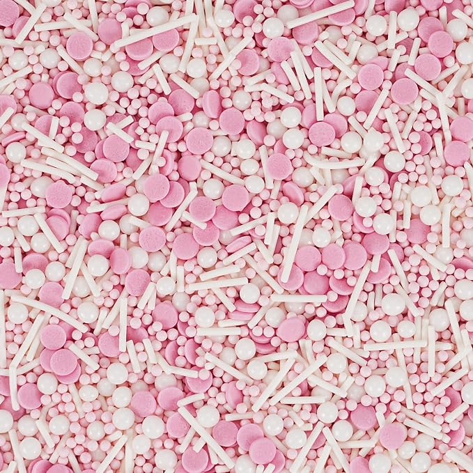 Dye Free Pink and White Sprinkles - 4.2 oz No Artificial Dyes Confetti Nonpareils Pearls Jimmies Mix for Cake Decorating, Cupcake Topper & Baking - Natural Color Pink White Sprinkle for Baby Shower Birthday
