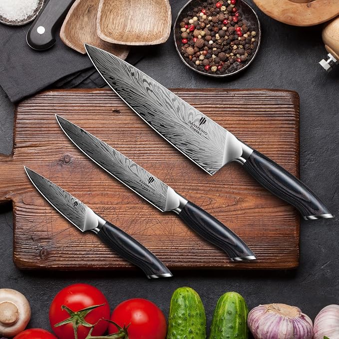 3PCS Kitchen Knife Set,Chef Knife Sets in Powder Steel, Ultra Sharp Japanese Knives Set High Carbon Steel Knives Sets, Cooking Knives Set with Ergonomic Pakkawood Handle