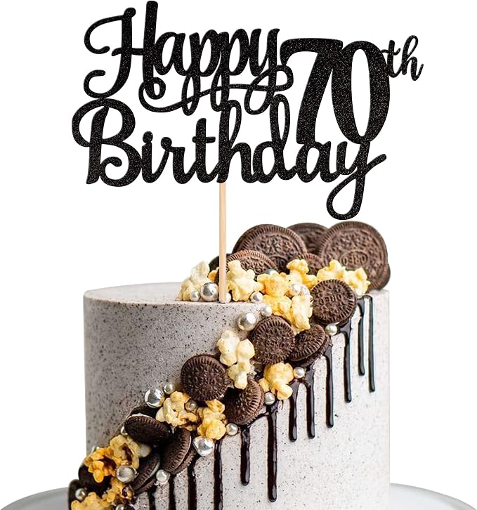 1 PCS Happy 70th Birthday Cake Topper Glitter Cheers to 70 Years Birthday Cake Pick Seventy 70 Fabulous Cake Decoration for Happy 70th Birthday Theme Party Decorations Supplies Black