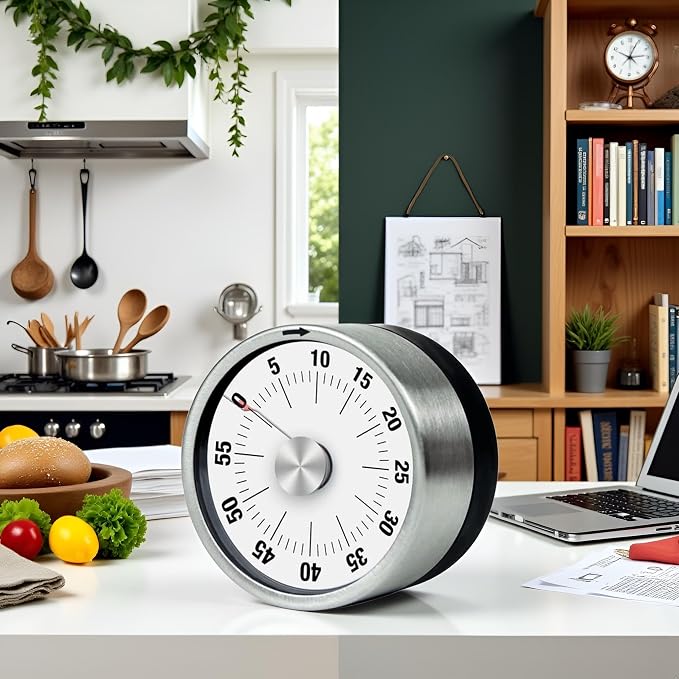 1Pcs White Mechanical Kitchen Countdown Timer with Magnetic Back 60-Minute Visual Timer for Kids, Toddlers, Teachers, Time Management Tool for Study, Cooking, Baking Timers