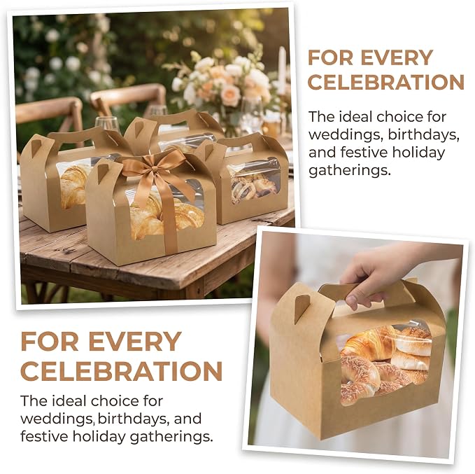 50 Pack Large Gable Box with Window, 9"x6"x6" Kraft Paper Party Favor Treat Box, Goodie Gift Boxes with Handle, Lunch Togo Boxes for Christmas Birthday Wedding Picnic Bakery Catering