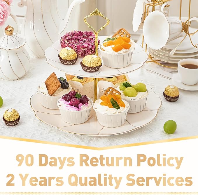 DUJUST Luxury Larger 2-Tier Cupcake Stand Tower, British Style Porcelain Serving Tray with Golden Trim, Food Grade Dessert Display Stand for Tea Party & Home Décor - 40% Larger Plates