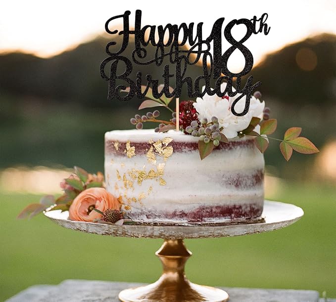 1 PCS Happy 18th Birthday Cake Topper Glitter Cheers to 18 Years Birthday Cake Pick 18 Fabulous Cake Decoration for Happy 18th Birthday Theme Party Decorations Supplies Black