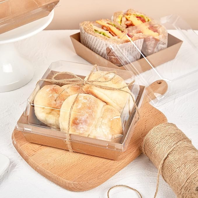 ZORRITA Paper Charcuterie Boxes with Clear Lids, 100 Pack, 5 Inch, Brown | Square To Go Dessert Containers, Small Bakery Boxes, For Cake, Cookies, Sandwich, Strawberries