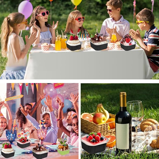 50 Pcs Mini Square Baking Cups with Lids,5oz Aluminum Foil Mini Cake Pans with Lids,Disposable Ramekins Cake Pans,150ml Dessert Cups Cupcake Pans for Wedding Birthday Party,Black Sliver