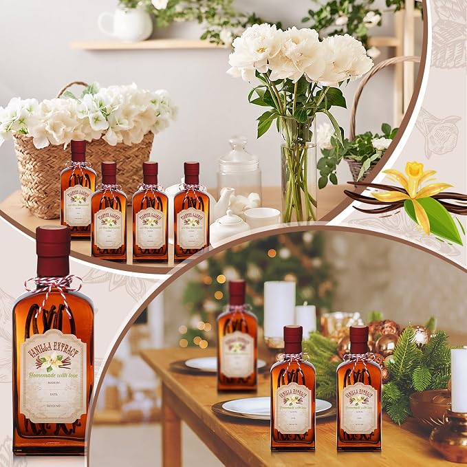 Suclain 8 Pack 8.5 oz Amber Glass Bottle for Vanilla Extract Homemade, Brown Vanilla Extract Bottles with Airtight Lid and Stickers for Syrup Gift Food Storage Canister Christmas Small Gift(Red)