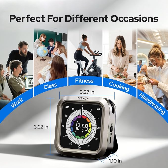 Visual Timer for Kids with Color Display Kitchen Timer 1500mAh Battery | Memory Function Scroll Wheel Control, Magnetic Back with Stand, Up to 12h59m Countdown, Kitchen, Study & Classroom