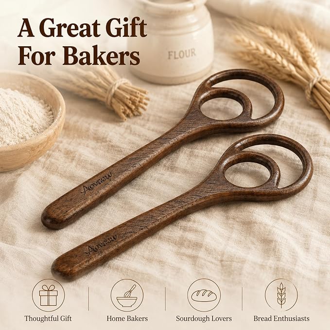 Wooden Danish Dough Whisk Set, 2 Pack Walnut Wood Dough Whisk for Sourdough Bread Baking, Bread Mixer for Pizza Dough, Batter, Pastry & Homemade Bread